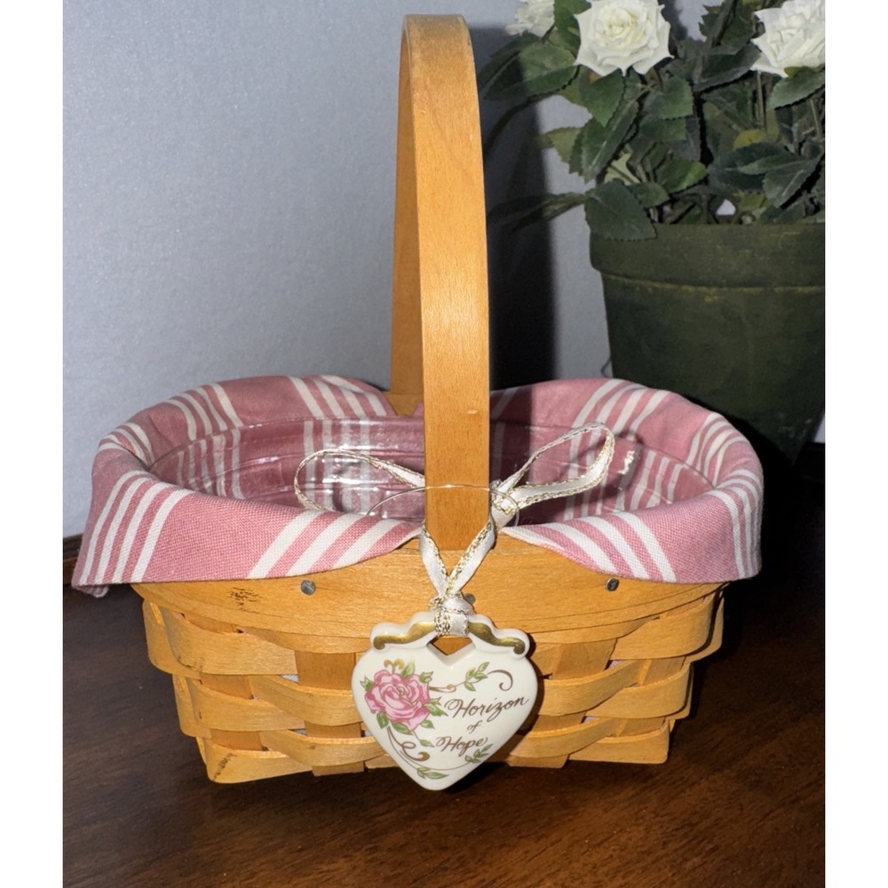 Longaberger HOPE Basket With Pink Stripes Liner, Plastic‎ Liner And Heart Tie On